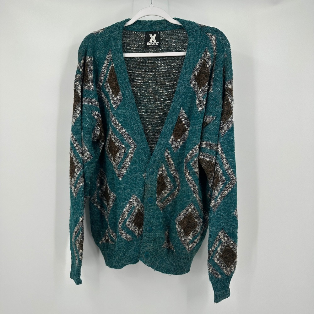 Xstatx‎ Mens L Vintage Teal Diamond Knit Cardigan Eclectic Grandpa Retro Grunge